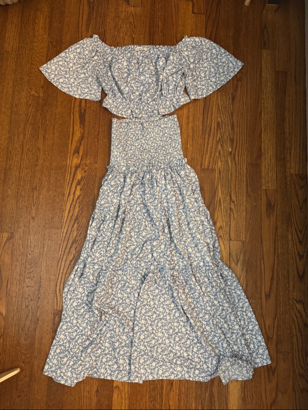 Blue Floral Off-Shoulder Top and Skirt